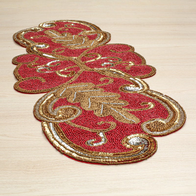 Light & Pro Lightnpro Christmas Beaded Table Runner 13x36 Inch - Maroon Gold Fancy Scrolled Design - Rustic Farmhouse Handmade Needle Work Holiday Table Centerpiece for Thanksgiving, Dining Room & Every DÃ©cor - Image 2